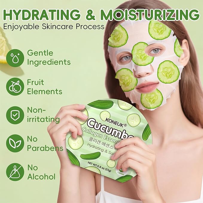 60 Pack Colorful Fruit Face Masks Skincare Set, Bulk Sheet Facial Mask for All Skin Types, Collagen Hydrating Face Mask for Women, Spa Party Gifts and Christmas Gifts (6 Types x 10 Pcs)