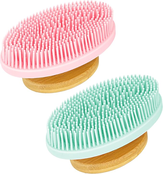 SHIDOW Grade Soft Silicone Body Scrubber Shower Brush, Non-Slip Bamboo Handle Silicone Loofah, Body Scrubber with Soft and Stiff Bristles, Suitable for All Kinds of Skin (1PC Light Blue + 1PC Pink