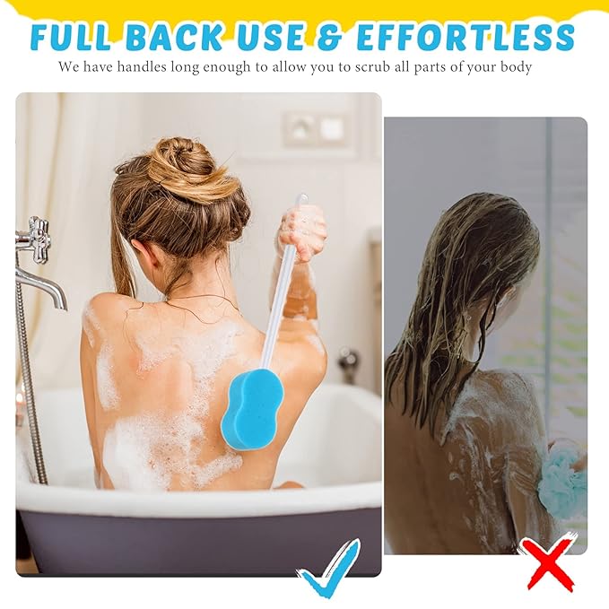 Norme 3 Pcs 22.4 Inch Long Handle Back Bath Sponge Lightweight Sponge on a Stick Body Cleaning Handled Washer Scrubber for Foot Body Limited Range of Motion, Blue