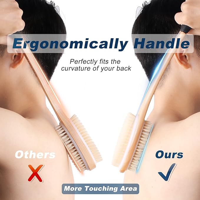 KIPRITII Ergonomically Back Scrubber for Shower,Double-Sided Back Long Handle Wet & Dry Brush for Cellulite and Lymphatic (Black)