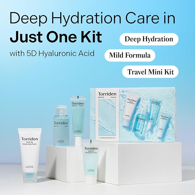 Torriden DIVE IN Trial Kit | Hyaluronic Acid Infused Daily Skincare Kit - 4 Step Regimen with Foam Cleanser, Facial Toner, Serum, and Cream | Travel Essential | Holiday Gift Stocking Stuffer