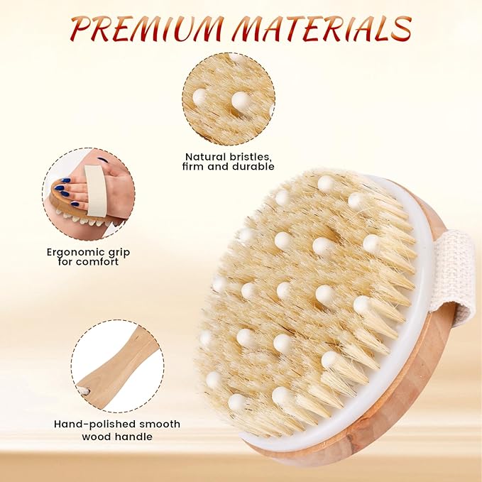 Dry Brush Set-4 Packs Natural Boar Bristle Dry Brushing Body Brush Exfoliating Face, Foot, Bath Brush for Face and Body for Cellulite Lymphatic Drainage(Set A)