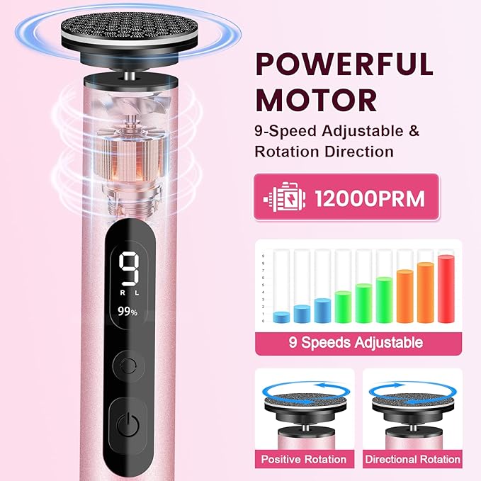Electric Foot Callus Remover with LED Battery Level & 9-Speed Control Display. Callus Remover for Feet with Wireless Charger, Multi-sandpape (70 Sheets) & Nano Glass Head for Dead Skin (Pink)