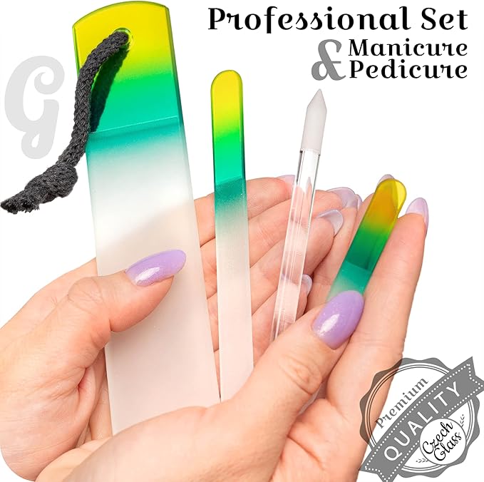 GLADZY Genuine Czech Glass Nail File Set - Callus Remover Foot Rasp, Cuticle Pusher Manicure Stick, Double Sided Etched Different Grit Surface, Professional Nail Care Tool, Made in EU