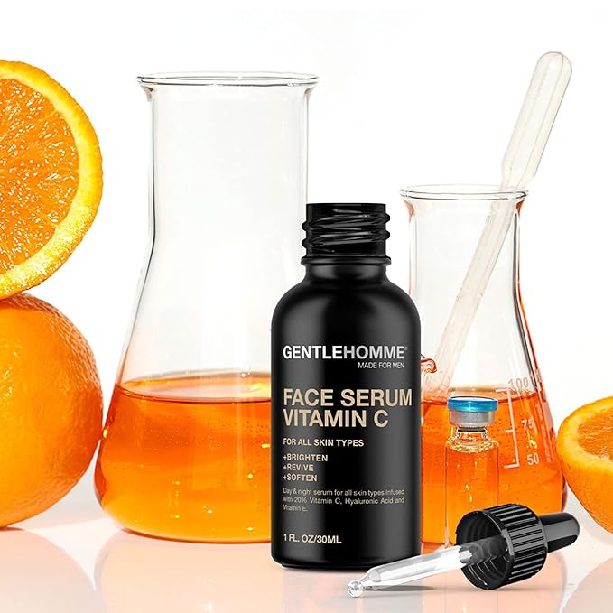 Gentlehomme - Vitamin C Face Serum - Men’s Facial Serum - With 20% Vitamin C, Hyaluronic Acid & Vitamin E - Helps Brighten, Revive & Soften Skin - Day & Night Serum - All Skin Types - Vegan - 1oz