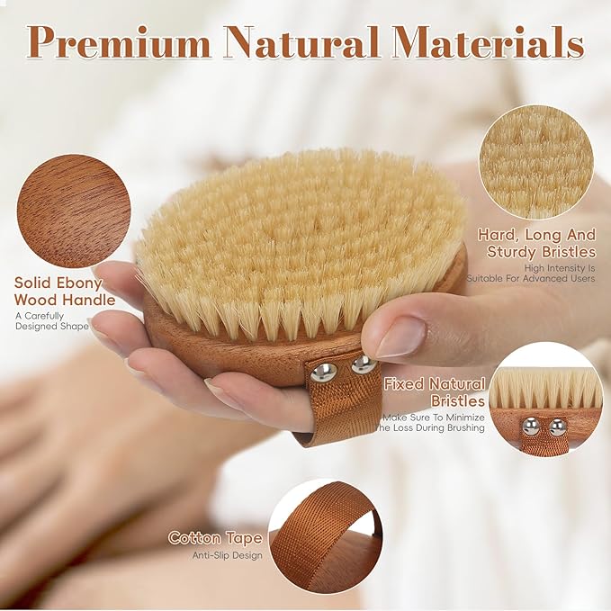 Dry Brushing Body Brush - Natural Boar Bristle Dry Body Brush for Lymphatic Drainage, Cellulite, Blood（Medium Hardness）