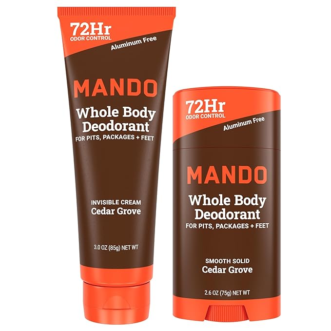 Mando Whole Body Deodorant - Invisible Cream Tube and Solid Stick - 72 Hour Odor Control - Aluminum Free, Baking Soda Free, Skin Safe - 3.0 Ounce Tube and 2.6 Ounce Solid Stick Bundle - Cedar Grove