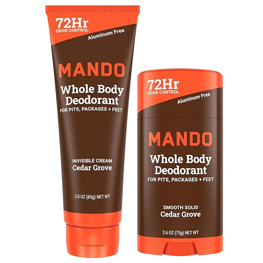 Mando Whole Body Deodorant - Invisible Cream Tube and Solid Stick - 72 Hour Odor Control - Aluminum Free, Baking Soda Free, Skin Safe - 3.0 Ounce Tube and 2.6 Ounce Solid Stick Bundle - Cedar Grove