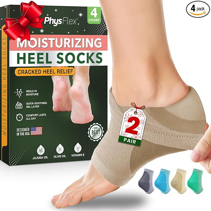 Moisturizing Heel Socks for Cracked Heels - Gel Socks for Dry Cracked Feet Repair - Silicone Socks for Women’s Foot Treatment & Overnight Hydration (Beige, 2-Pair)