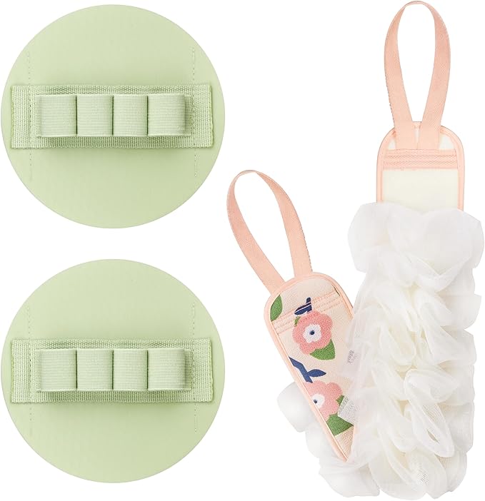 3-Pack Bath Scrubber Kit: 2 Silicone Exfoliating Pats & Double-Sided Long Handle Back Scrubber Bath Puff for Deep Cleansing. (2 Green & Pink)