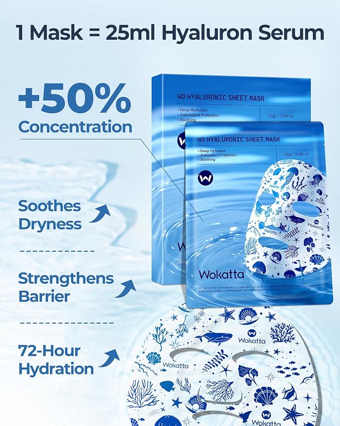 Collagen Face Mask Sheet, Hydrating Hyaluronic Acid Face Masks Skincare for Moisturizing, Soothing, Anti-Aging, Vegan Facial Masks for Women Man Skin Care Gifts 6 Sheet