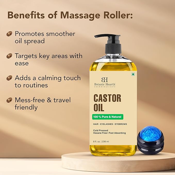 Botanic Hearth 100% Pure & Natural Castor Oil with Massager for Hair Growth (8 fl oz)| Infused with Cold Pressed Castor Hair Oil |Repairs Dry Damaged Hair, Strengthening, Healthier Hair