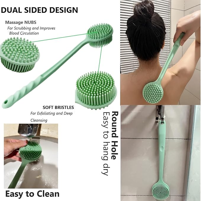 Silicone Body Scrubber - Long Handle Exfoliating Shower Brush for Men, Women & Kids - Free Hook