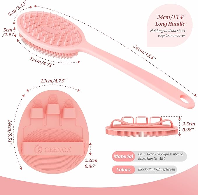 Silicone Back Scrubber & Bath Glove Set 2PCS, 13.4'' Gentle Shower Back Scrubber with Dual-Side Head Non-Slip Handle, 360° Anti-Slip Hand-fit Bath Glove for Rich Foaming Deep Cleaning(Pink)