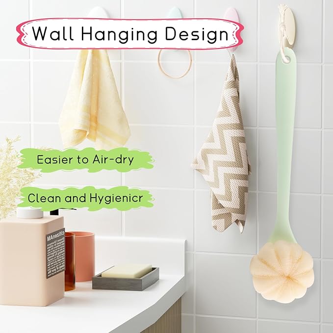 2-Pack Green Double Sided Bath Brush with Soft Bristles and Loofah,Long Handle Back Scrubber,Exfoliating Back Shower Brush for Women and Men
