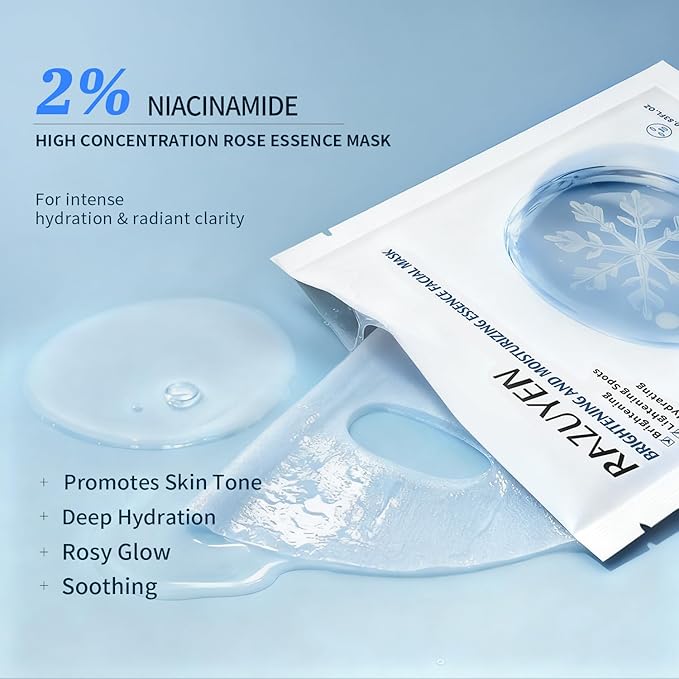 Brightening Hydrating Face Mask (10 PCS), Glowing & Moisturizing Sheet Mask with Niacinamide, Rosa Water and Arbutin, Rose Face Mask For All skin types, Added Fragrance Free