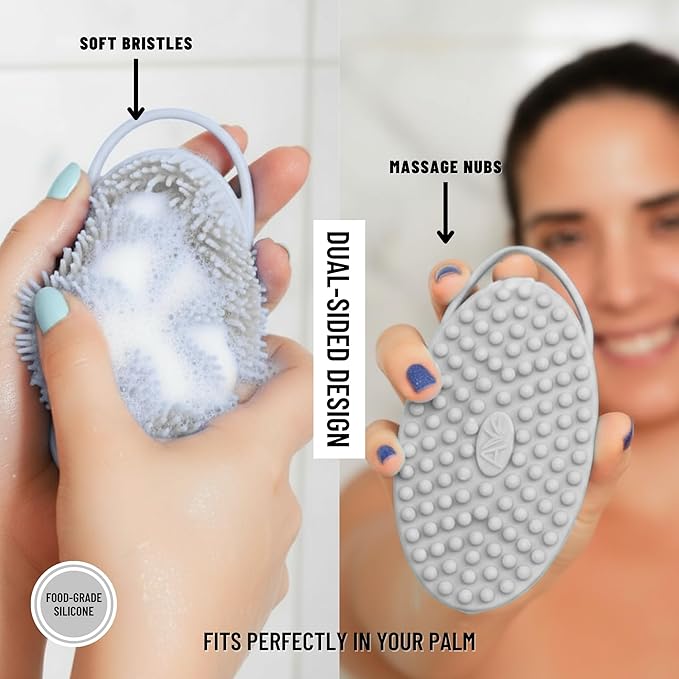 Silicone Body Scrubber for Shower - Gentle Exfoliating Back Scrubber with Soft Bristles - Avilana Premium Dual Sided Bath Brush Massage - Loofah Alternative for Sensitive Skin - Gift Women Men
