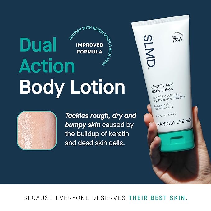 SLMD by Dr. Pimple Popper | Glycolic Acid Body Lotion | Exfoliating Glycolic Acid Lotion Body for Rough, Bumpy Skin and Skin Prone to KP, Ingrown Hairs, Shaving Bumps | 10% AHA - 6 fl. oz.