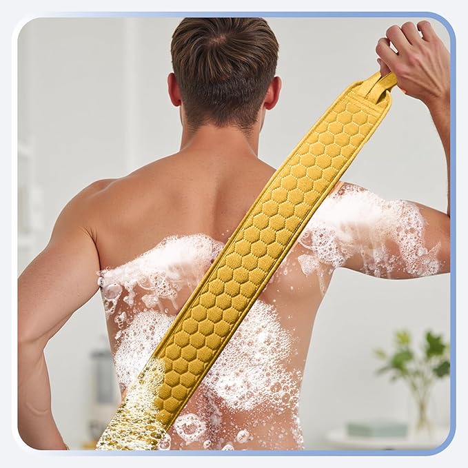 Back Scrubber for Shower with Handles, 40 Inch Extra Long Double-Sided Exfoliating Bath Strap, Textured Body Washer with Extended Reach for Deep Cleaning (Yellow)