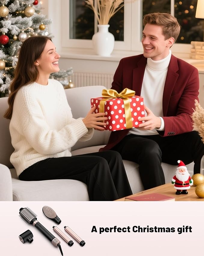 5 in 1 Dual Voltage Hot Air Styler - Professional Hair Dryer Brush for Fast Drying, Curling, Straightening & Volumizing | Low Heat Damage + Negative Ions + Travel-Friendly(Black + Pink)