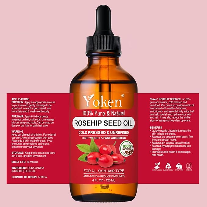 Rosehip Seed Oil for Face 4 fl oz 100 Pure & Natural Cold Pressed Unrefined Organic Rosehip Oil for Skin, Hair, Nails, Anti-Aging Facial & Gua Sha oil