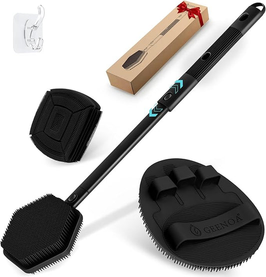 Silicone Back/Face Scrubber & Bath Glove Set 3PCS, Extendable Back Scrubber with Dual-Side Large Head, 360° Anti-Slip Bath Glove, Unique Side-bristle Face Scrubber for All-round Cleaning(Black)