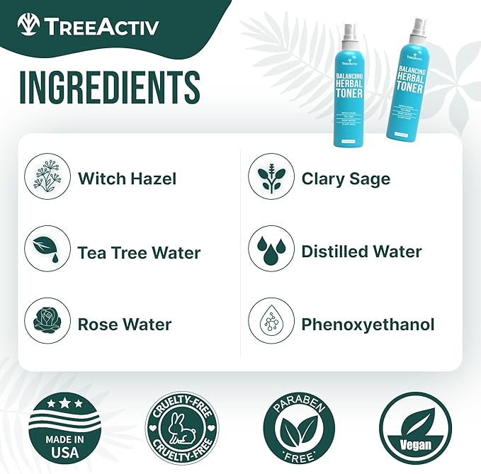 TreeActiv Balancing Herbal Toner | Facial Skin Moisturizer | Witch Hazel | Rose Water | Clary Sage | Tea Tree | Natural Astringent | Alcohol-Free | Reduce Oily Face Acne | Men, Women, Teens | 4 fl oz