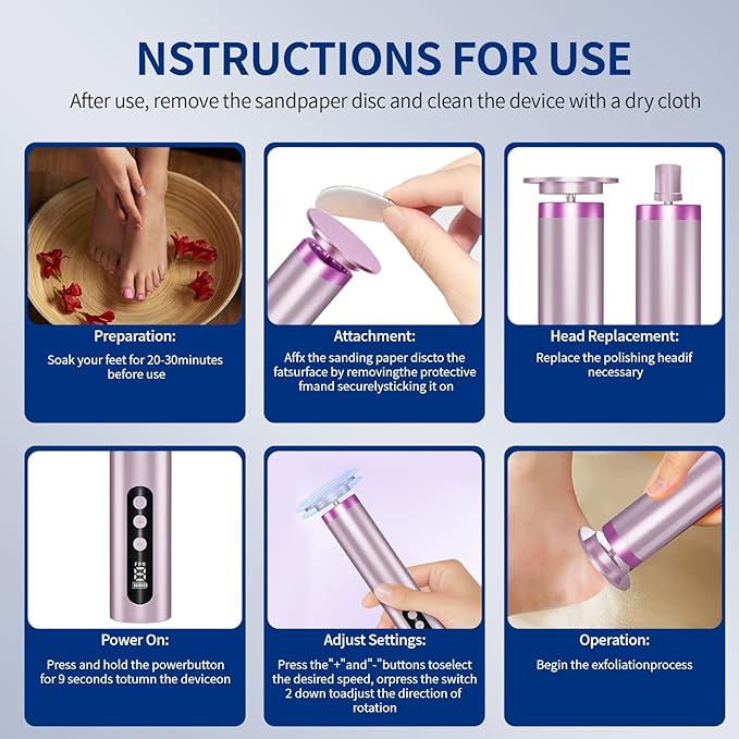 Electric Foot Callus Remover, 2-in-1 Feet Callus Remover, 2600mAh Battery, 9-Speed Adjustable Foot Grinding Tool, Includes 100 Sandpaper Sheets and Grinding Heads,Pedicure Tools for Dead Skin