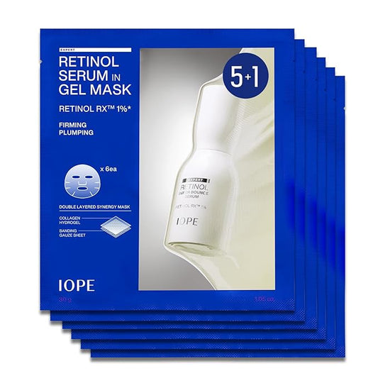 IOPE Retinol Serum in Deep Collagen Gel Mask 5+1 Set | Double-Layered Hydrogel Sheet for High Adhesion, A Full Bottle of Retinol RX 1% Serum, Intense Firming & Plumping, Anti-Aging, Korean Skincare