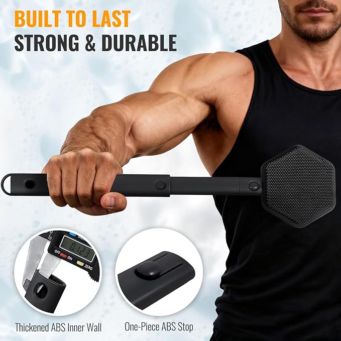 Silicone Back Scrubber for Shower – 21in Extendable Shower Brush with Long Handle – Dual-Sided Back Brush with Non-Slip Grip, Gentle Cleansing & Exfoliation for Men, Women, Elderly (Black)