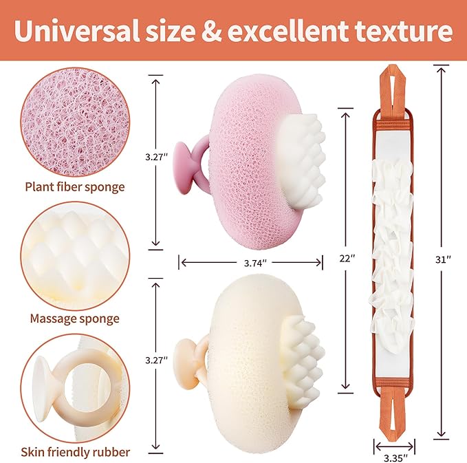 Deep Exfoliating Bath Set 3PCS: 2 Super Soft Sunflower Suction Cup Bath Balls, & 2-in-1 Long Exfoliating Shower Towel, Body & Back Scrubber Exfoliator, Body Massage Scrub & Shower Loofah Sponge