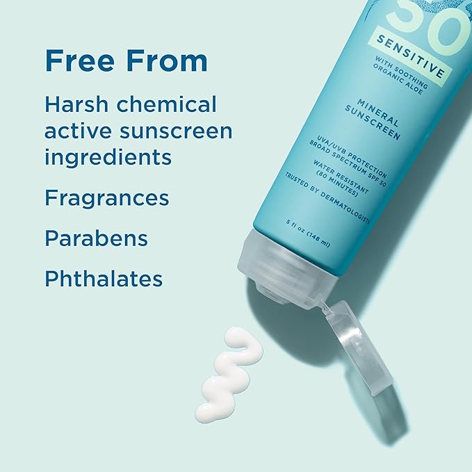 Blue Lizard Sensitive Mineral SPF 50 Sunscreen Lotion, 100% Mineral Sunscreen, UVA/UVB Protection, Infused with organic Aloe Vera, Soothes and Hydrates, 5 fl oz