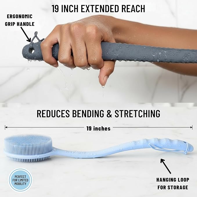 Long Handle Back Scrubber for Shower - 19 inch Extended Reach Silicone Body Brush - Avilana Bath Scrubber Extended Reach Tool - Easy Grip Body Wash Brush Gift