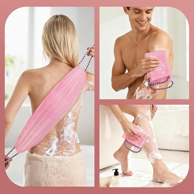 Manmihealth Soft Silicone Body Scruuber & African Bath Sponge Net Set, Gentle-Cleansing Shower Brush & Exfoliating Mesh Combination, Lathering Well Africa Wash Net Shower Scrubber (Pink)