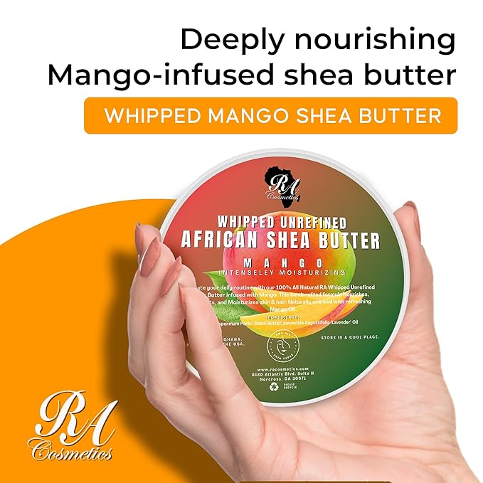 RA COSMETICS Whipped Shea Butter Mango - 6oz | 100% Pure and Natural African Shea Butter for Men & Women - Ultimate Handcrafted Moisturizer with Essential Vitamins for Radiant Skin & Luscious Hair