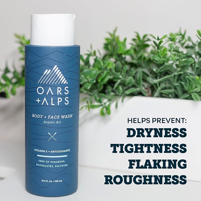 Oars + Alps Body and Face Wash for Men, Mens Body Wash & Face Cleanser with Vitamin E and Antioxidants, Moisturizing, Hydrating, Paraben & Sulfate Free Cleanser, Aspen Air, 2pk
