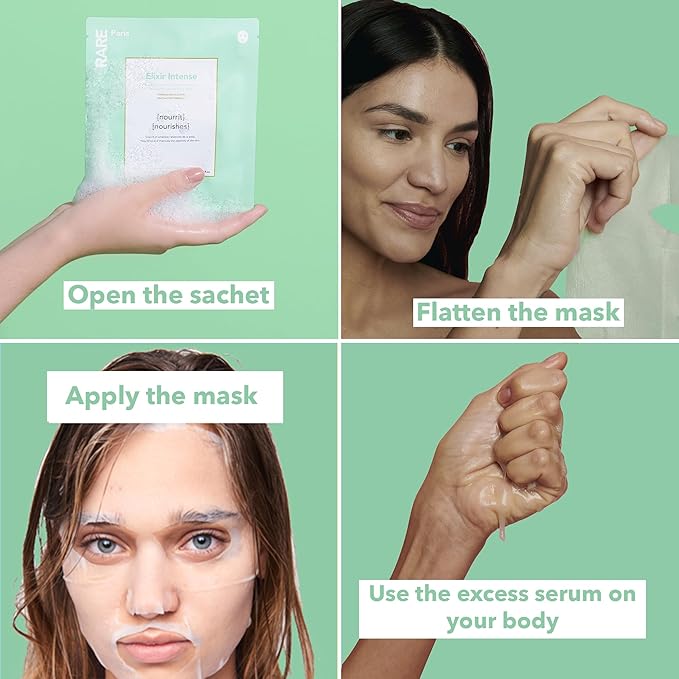 RARE Paris - Élixir Intense - Nourishing Facial Sheet Mask - Hydrating & Brightening - With Hyaluronic Acid & Squalene - Nourishing, Firming & Revitalizing - Multi-Active Serum Formula - 5 Pack
