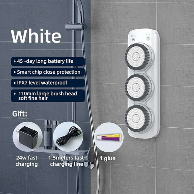 Electric Back Scrubber for Shower, Wall Mounted Electric Shower Back Scrubber, Dry Brushing Body Brush for Bathing, Cleansing, Exfoliating and Massaing, with 3 Spin Skin Bath Brush Heads