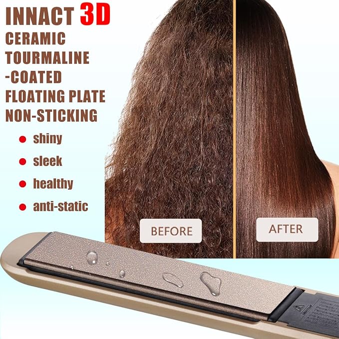 NITION Ceramic Tourmaline Hair Straighteners LCD Flat Iron MCH 10s Fast Heating Up. 1" Smooth 3D Floating Plate Healthy Straightening Tools. Travel Pouch Bag. Dual Voltage. Elegant Gift Box