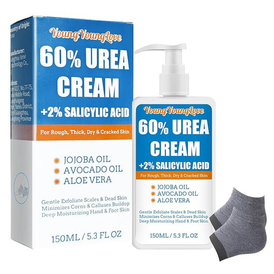 Urea Cream 60% - Urea Foot Cream with Moisturizing Heel Socks for Dry Cracked Hands Heels, 60 Percent for Feet Maximum Strength with 2% Salicylic Acid, Jojoba Oil, Aloe Vera, 5.31oz (Blue, 5.3oz)
