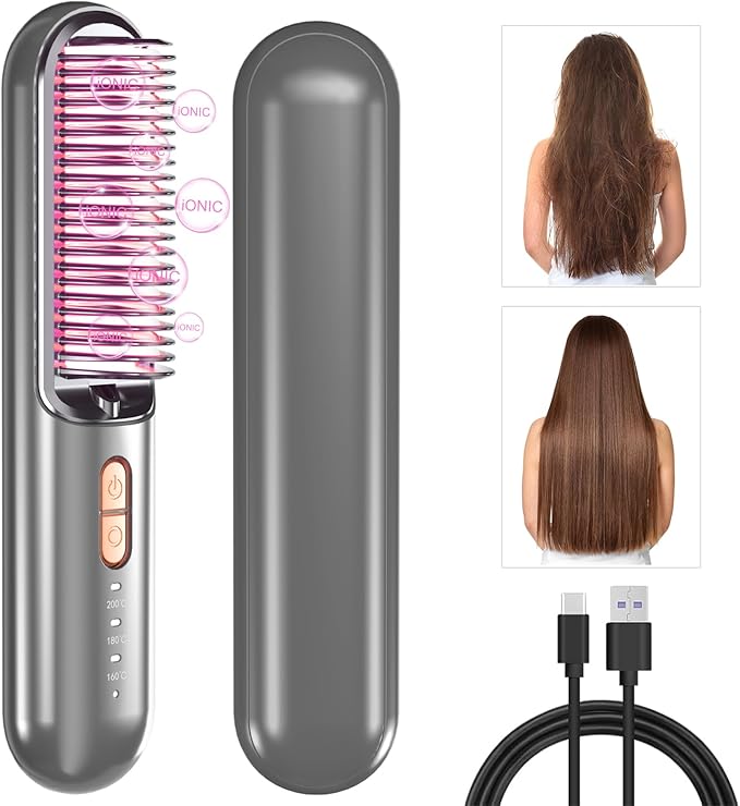 Cordless Hair Straightener Brush Portable Mini USB-C Hair Straightening Comb Anti-Scald Rechargeable Hot Hair Dryer Straightener Brush for Girls Women for Travel Styling