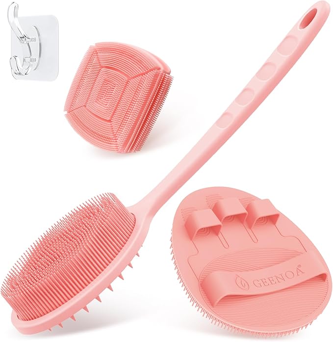 Silicone Back & Face Scrubber & Bath Glove Set 3PCS, 13.4'' Gentle Back Scrubber with Dual-Side Head, 360° Anti-Slip Bath Glove, Unique Side-bristled Face Scrubber for All-Round Cleaning(Pink)