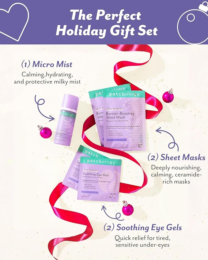 Patchology Cozy Comforts Holiday Skincare Gift Set - Soothing Under Eye Patches, Barrier-Boosting Hydrating Sheet Masks & Calming Mist - Limited Edition Winter Christmas Gifts & Stocking Stuffers