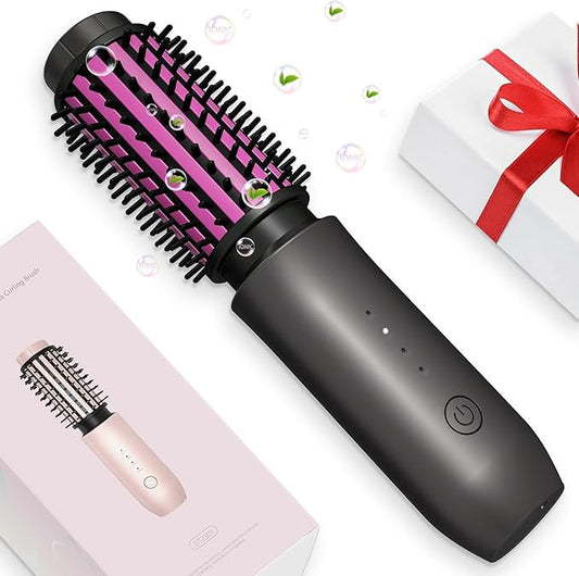 Mini Cordless Curling Iron Brush, Portable Hair Straightening Brush, Cordless Hair Curler Anti-Frizz with Negative Ions, 3-in-1 Crimper Hair Tool, Rechargeable Wave Curling Wand - Night Purple