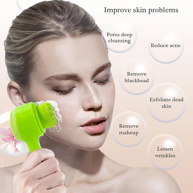 Face Brush 2 in 1, Silicone Facial Cleansing Exfoliating Brush Soft Bristles Pore Deep Cleansing Manual Dual Face Wash Scrub Brush for Massaging, Makeup Skincare Removal, Fluorescent Green
