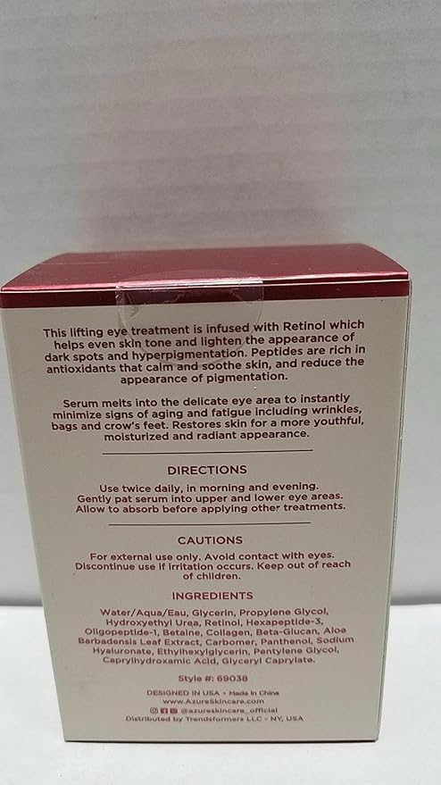 AZURE Retinol & Peptides Lifting Eye Serum - Anti Aging, De-Puffing & Revitalizing Dark Circle Corrector - Reduces Wrinkles, Fine Lines & Under Eye Bags - Skin Care Made in Korea - 30mL - 2 pack.