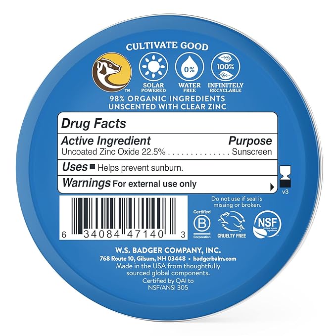 Badger Reef Safe Sunscreen Tin, Unscented SPF 40 Sport Mineral Sunscreen, 98% Organic, 80min Water Resistant Travel Size Hawaii Approved, 2.4 oz Tin, 2-Pack