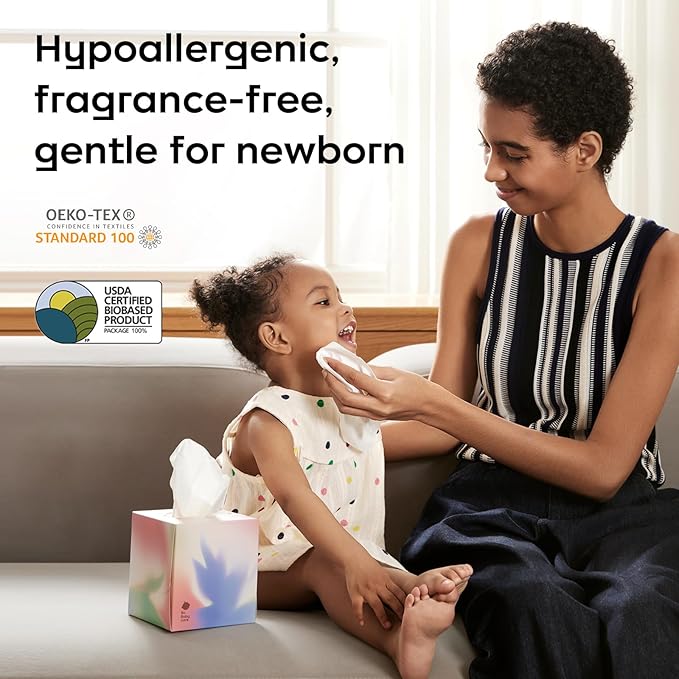 Bc Babycare Lotion Ultra Soft Facial Tissues, 8 Cube Boxes, Hypoallergenic, Plant-based Materials, Clean Gentle Baby Essentials, 60 Tissues Per Box, 5-Ply