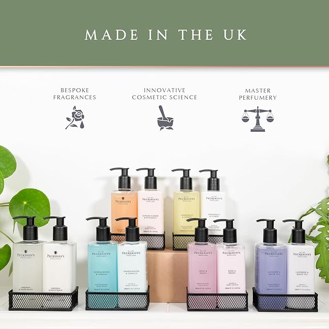 Pecksniffs Moisturizing Hand Wash and Hand & Body Lotion Caddy Set - Rose & Peony in a Black Mesh Caddy, 300 ml/10.14 fl oz