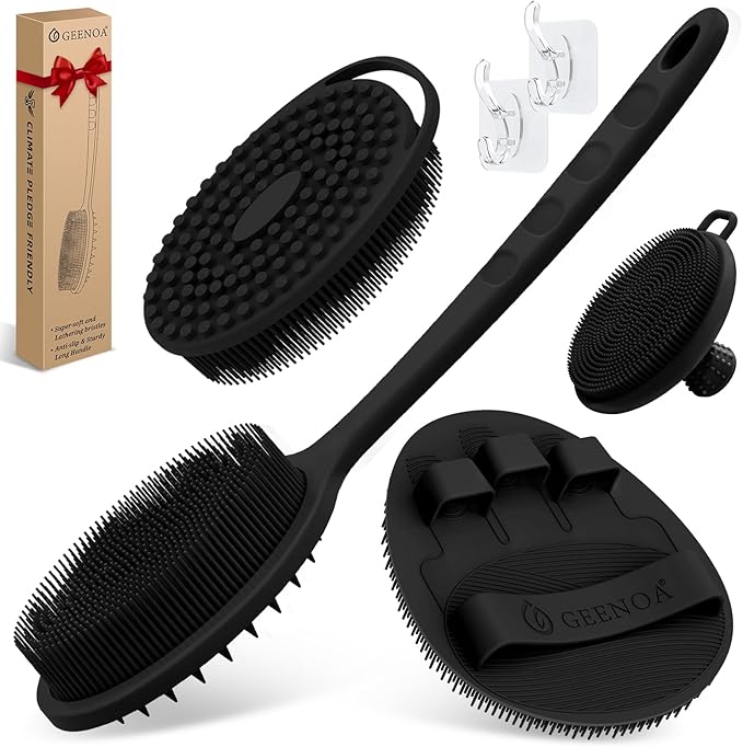 Silicone Back/Body/Face Scrubber & Soft Bath Glove Set 4PCS, Gentle Exfoliating Back & Body Scrubber with Dual-Side Brush Head, Hand-fit Bath Glove & Face Scrubber for Deep Cleaning(Black-4PC)